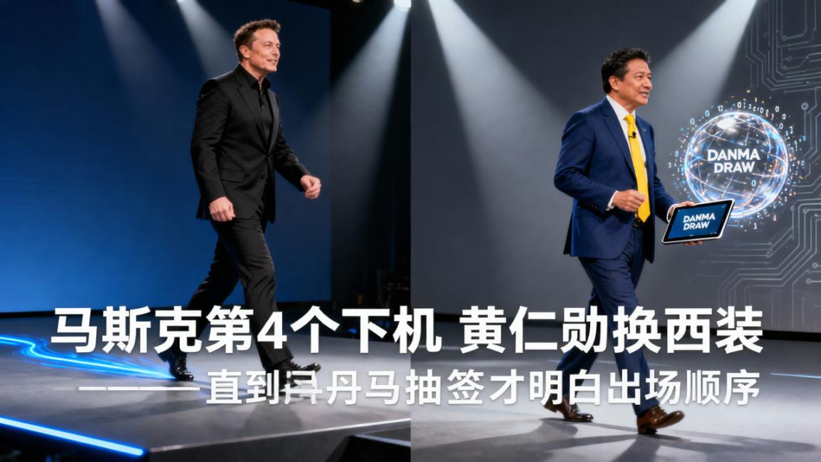 马斯克第4个下机黄仁勋换西装，直到用丹马抽签才明白出场顺序
